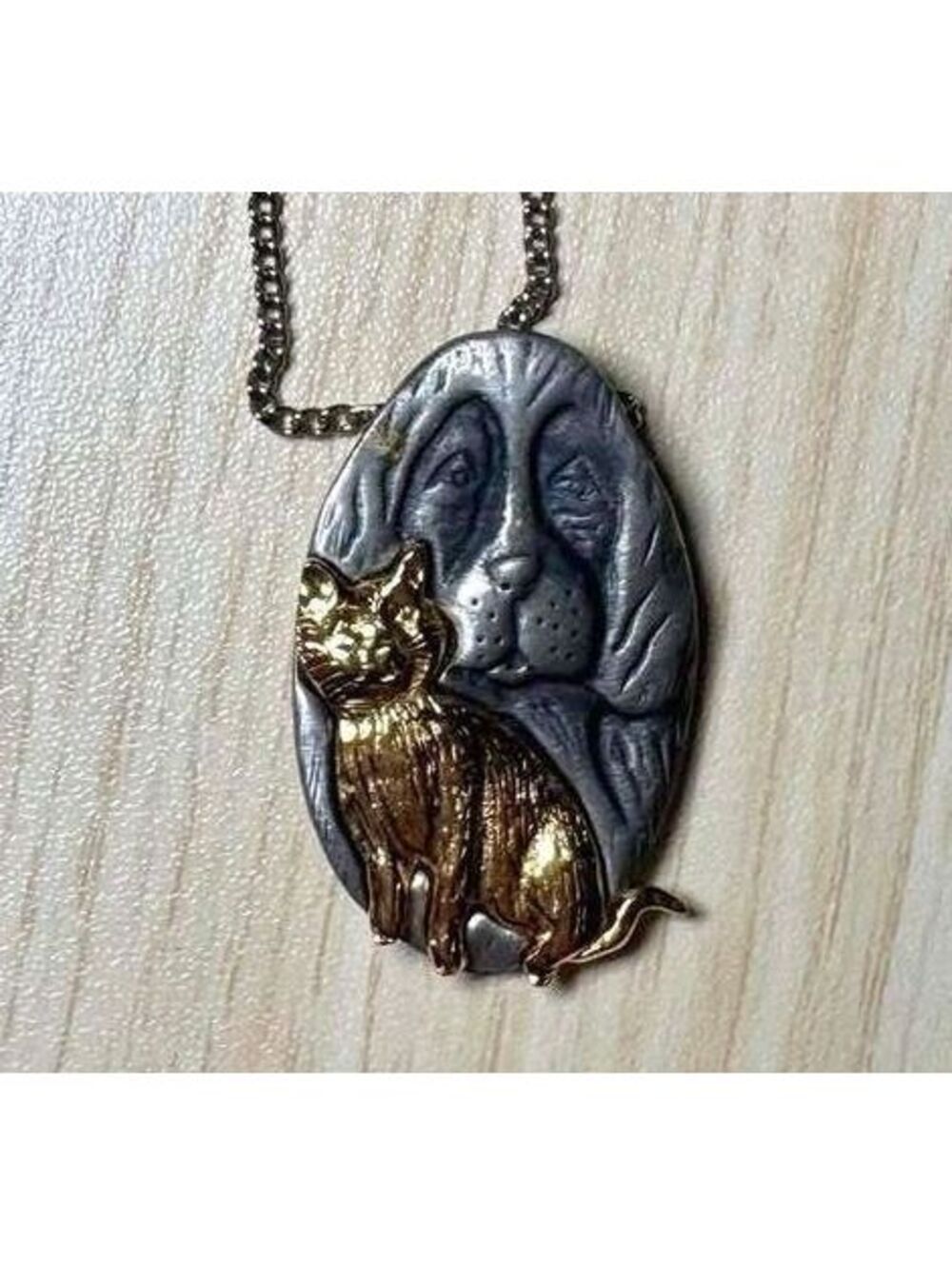 Vintage Dog & Cat Pendant Necklace Two Tone Pewter 18ā